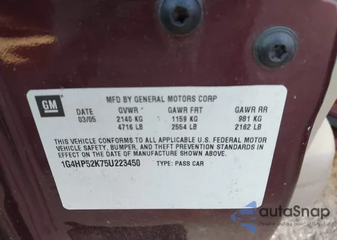 2005 Buick Lesabre Custom из США, поврежденный, VIN 1G4HP52K75U223450